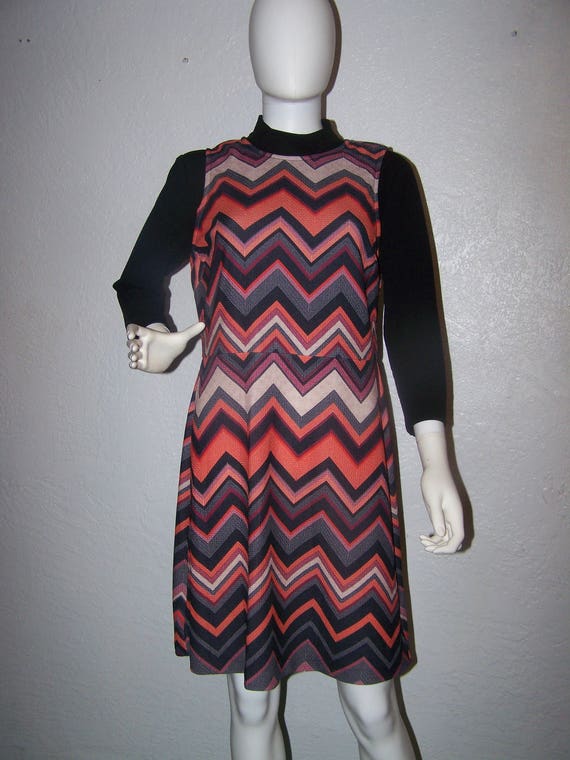 1990s ECI New York Chevron Dress Short Length Size Large 70s Look Mod Hippy  Office Layered Zig Zag Orange Black Casual - Etsy