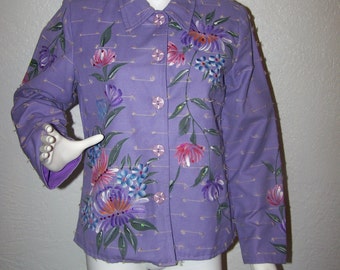 Handpainted Floral Purple Jacket with Sequins Size PS Petite Small Alex Kin Wearable Art 80s 90s Outerwear Fall fashion Holiday Gift painted