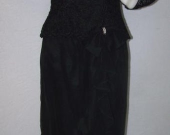 Vintage 1980s Black Lace Dress by Studio Nite Rhinestone Bow Ruffle Cocktail Dress Formal Gown Sexy Party Revealing Elegant Embellished Sexy