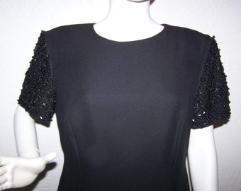 Vintage 1980s R & M Richards by Karen Kwong Black Beaded Black Dress Mid Length Size 14 Cocktail Party Holiday Formal Sexy Plus Size COUPON