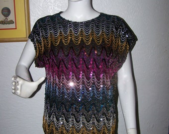 Vintage 1980s Knit Sequin Metallic Top Disco Psychadelic Fancy Sexy Party Clubbing Sparkly Glittery Shiny Blouse Style Trendy Easter Spring