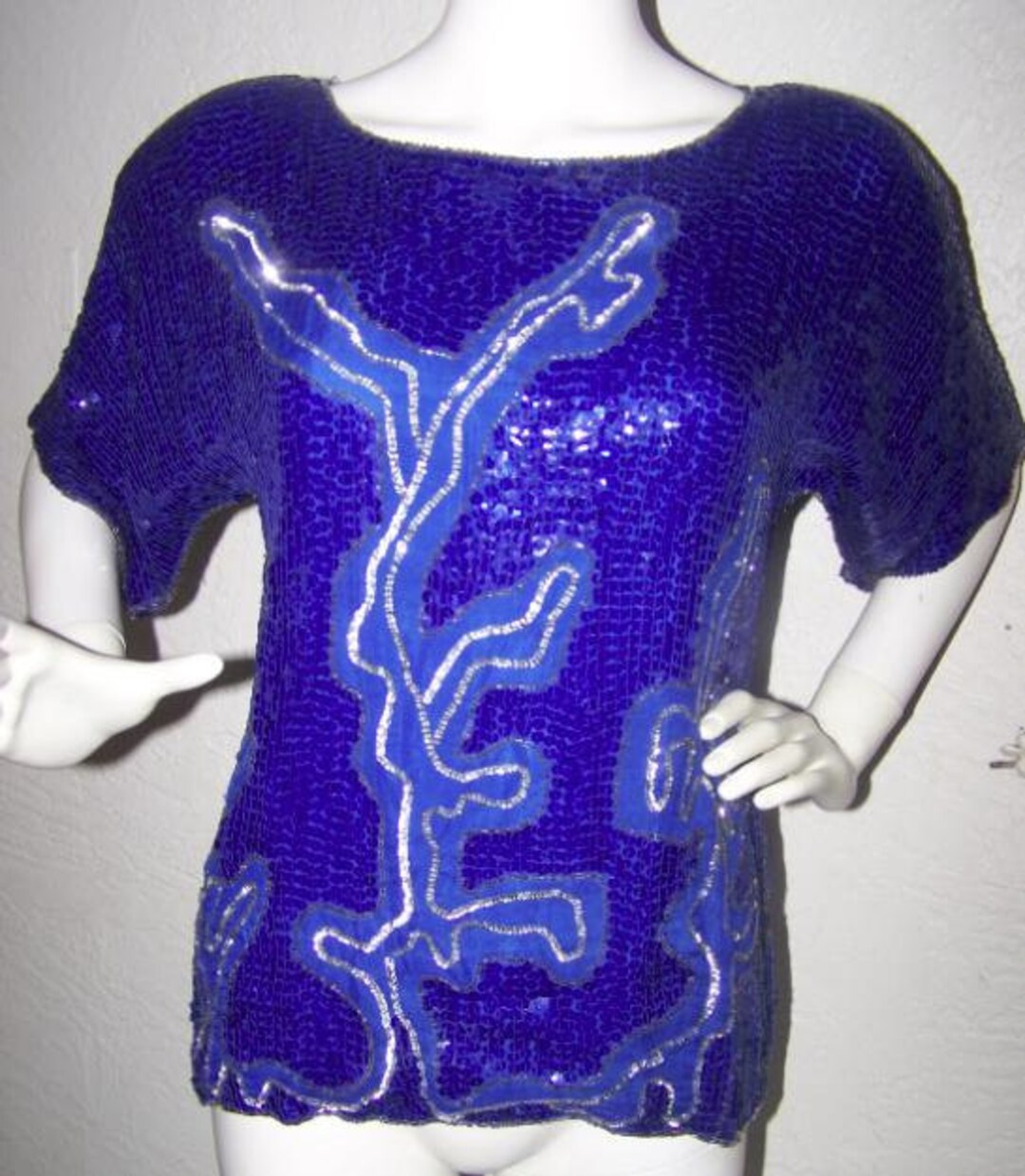 Royal Blue Sequin and Bead Top Size Small Vintage 80s Jean for 