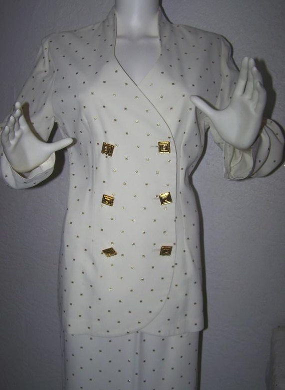 1980s Gold & Ivory Polka Dot 2 piece Skirt Suit Se
