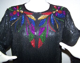 Rice's Sarasota Sequin Top Blouse Size Small Silk 1980s Vintage India Colorful Rainbow Cocktail Party Formal Sexy New Years Holiday Gift