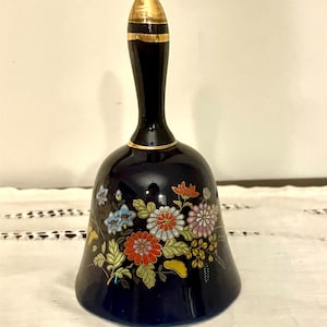 Antique Cobalt Blue Japanese Porcelain Bell With Flower Pattern Gold Accents
