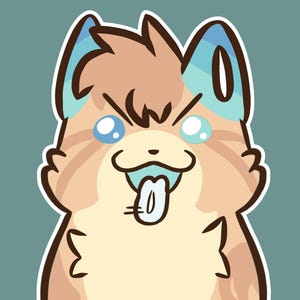 Puede incluir: Una ilustraci&oacute;n digital de un personaje felino de color tostado y crema con un contorno blanco grueso. El personaje tiene ojos azul brillante, puntas de las orejas azules y una lengua azul claro que sobresale, sobre un fondo verde azulado s&oacute;lido.
