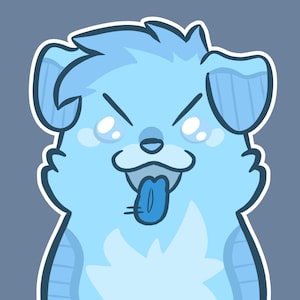 Puede incluir: Una ilustraci&oacute;n digital de un perro de dibujos animados de color azul claro con la lengua azul oscuro fuera. El personaje tiene orejas puntiagudas, una amplia sonrisa y un grueso contorno blanco sobre un fondo azul apagado, en un estilo gr&aacute;fico plano.