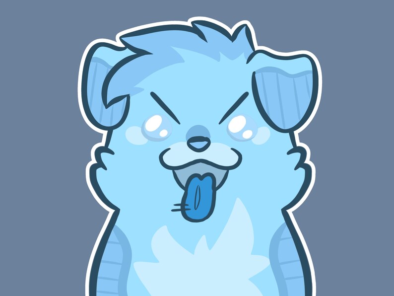 Puede incluir: Una ilustraci&oacute;n digital de un perro de dibujos animados de color azul claro con la lengua azul oscuro fuera. El personaje tiene orejas puntiagudas, una amplia sonrisa y un grueso contorno blanco sobre un fondo azul apagado, en un estilo gr&aacute;fico plano.