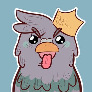 Puede incluir: Una ilustraci&oacute;n digital de una paloma gris con una corona amarilla. El ave tiene ojos negros grandes, un pico color melocot&oacute;n y una lengua rosa afuera. Presenta cejas gris oscuro, manchas verde claro en las mejillas y un contorno blanco.