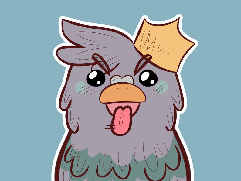 Puede incluir: Una ilustraci&oacute;n digital de una paloma gris con una corona amarilla. El ave tiene ojos negros grandes, un pico color melocot&oacute;n y una lengua rosa afuera. Presenta cejas gris oscuro, manchas verde claro en las mejillas y un contorno blanco.
