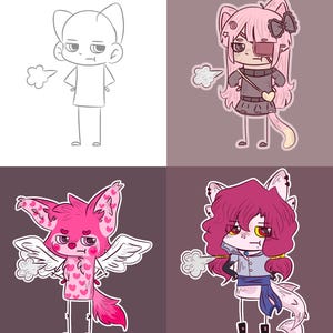 Puede incluir: Ilustración digital de cuatro paneles con personajes de dibujos animados con rasgos felinos. Los personajes están en varias poses y atuendos, con una paleta de colores rosa, gris y blanco. Un personaje es un boceto, los otros están coloreados.