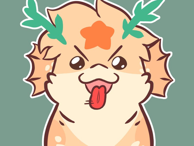 Puede incluir: Una ilustraci&oacute;n digital de una criatura de color melocot&oacute;n claro con vientre blanco, protuberancias verdes similares a astas y una estrella naranja brillante en la frente. La criatura tiene ojos oscuros grandes y la boca abierta con la lengua roja.