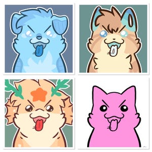 Puede incluir: Un conjunto de cuatro ilustraciones digitales cuadradas que muestran personajes animales estilizados con rostros expresivos, lenguas fuera y orejas puntiagudas. Los personajes son de color azul claro, marr&oacute;n y tostado, melocot&oacute;n con detalles verdes y rosa brillante.