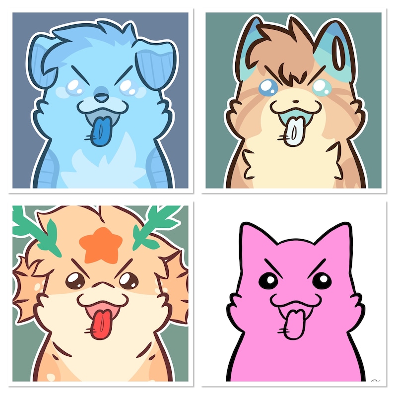 Puede incluir: Un conjunto de cuatro ilustraciones digitales cuadradas que muestran personajes animales estilizados con rostros expresivos, lenguas fuera y orejas puntiagudas. Los personajes son de color azul claro, marr&oacute;n y tostado, melocot&oacute;n con detalles verdes y rosa brillante.