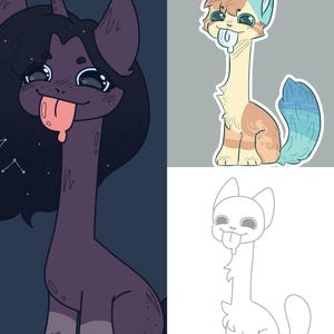 Puede incluir: Ilustración digital que presenta tres criaturas de dibujos animados con cuellos alargados y lenguas afuera. Una es un pony morado oscuro con una melena estrellada. Otra es un gato con pelaje marrón, naranja y azul. La tercera es un dibujo lineal de un gato.