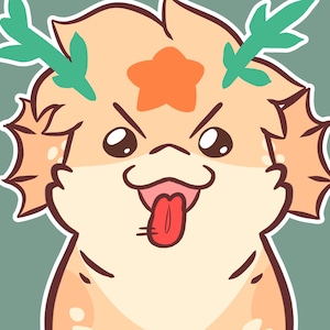 Puede incluir: Una ilustraci&oacute;n digital de una criatura de color melocot&oacute;n claro con vientre blanco, protuberancias verdes similares a astas y una estrella naranja brillante en la frente. La criatura tiene ojos oscuros grandes y la boca abierta con la lengua roja.