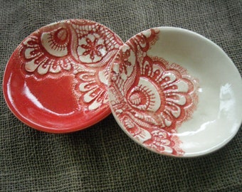 Red Pottery Bowl - Handmade Pottery -  Lace Textured Bowl - Decorative Ceramic Bowl - Pottery Dish - Valentine Bowl