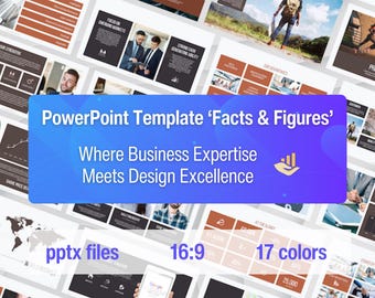 May include: A PowerPoint template titled 'Facts & Figures' with a blue and purple background. The text 'Where Business Expertise Meets Design Excellence' is in white. The template is available in 17 colors and 16:9 aspect ratio.