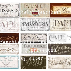 May include: A collection of vintage-style signs with French and Spanish words, including "Patisserie", "Cafe de Paris", "Chocolatier", "Salle de Bain", "Parfumerie", "Bistro", and "Powder Room". The signs are in various colours and have a distressed, aged look.