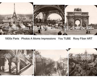 Può includere: Una collezione di sei fotografie d'epoca in bianco e nero di Parigi, Francia nel 1800. Le foto mostrano la Torre Eiffel, l'Arco di Trionfo e altri monumenti parigini.