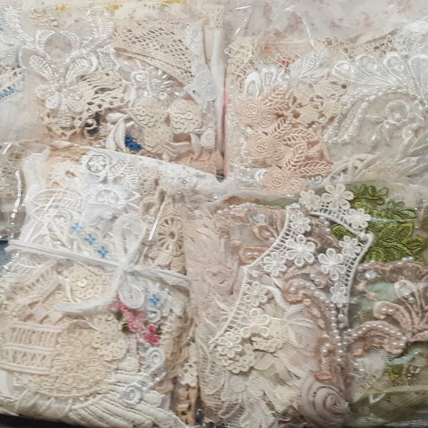 Snippet Bundles, Dyed Vintage, New, Lace,Fabric Scraps,Remnants, textured tulle, slow stitching