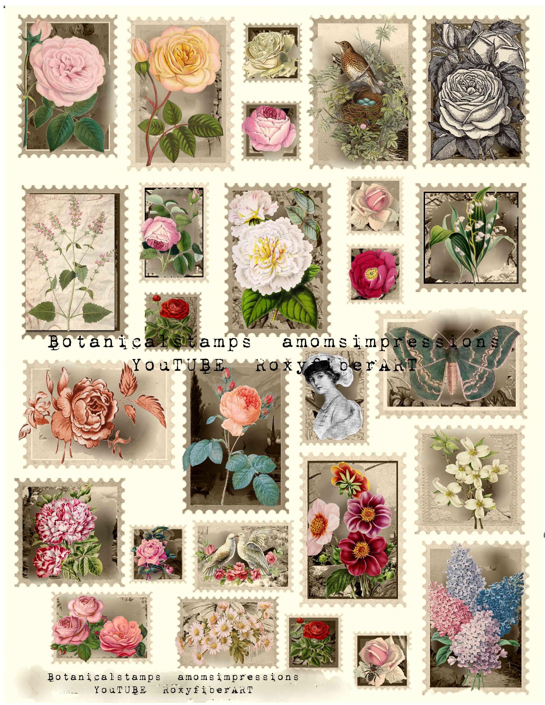 Botanical Postage Stamps Digital Down Load, Collage Sheet - Etsy