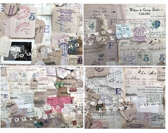 May include: A collage of vintage ephemera, including receipts, stamps, and labels, with the words "You Tube" and "amomsimpressions" written in black ink. The collage is on a white background and features a variety of colors, including red, blue, green, and brown.