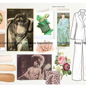 Ilustración de moda, 1 página, muestra de pintura, imagen de bolso de plumas, estampados florales vintage, maqueta, collage, efímera de French Stage Ladies