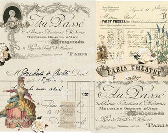 Può includere: Un collage in stile vintage con il testo "Au Passe", "Cableaux Anciens & Modernes", "Meubles Objets d'Art", "Antiquités", "34. Rue du Faub? S. Honoré", "Téléphone 130-38", "FARIS", "PARIS THEATRE" e "Au Passe". Il collage è in tonalità beige, marrone e bianco.