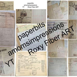 May include: A collection of aged documents, receipts, and stamped papers. The papers are in various sizes and shapes, with faded ink and handwritten notes. The text "paperbits amomsimpressions Roxy Fiber ART" is visible, suggesting a vintage theme.