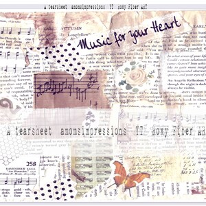 May include: A collage of vintage paper scraps with a musical theme. The text "Music for your Heart" is written in black script. The collage includes musical notes, a honeycomb pattern, and a floral design.