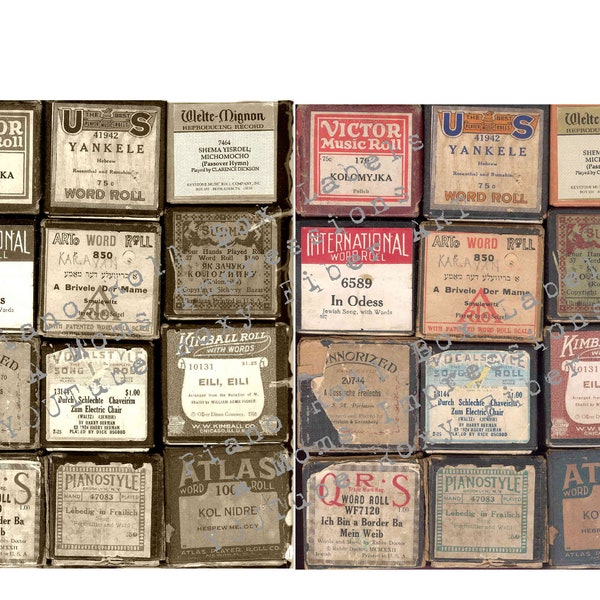 Early 1900s Antique images Piano Roll Box Labels, Collage Tear sheet digital Mini Junk Journal, French, Ephemera,