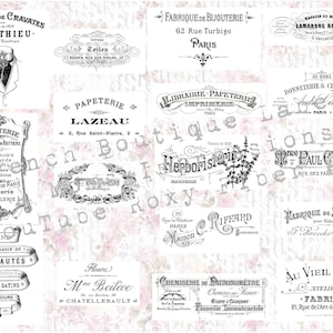 Puede incluir: Un collage de letreros de tiendas francesas vintage con texto negro sobre fondo blanco. Los letreros anuncian una variedad de productos, incluyendo corbatas, joyas, papelería y mercería. Los letreros están decorados con florituras y bordes ornamentados.