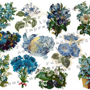11Blue Flower Fussy cut Images, Digital down load, Collage sheet