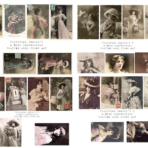 4 pagina's, Victorian Beauty's Collage-afbeeldingen Digitals, Frans, Ephemera