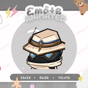 May include: Animated emote featuring a character wearing a tan hat with a blue band and a black mask. The emote is set on a gray circle with the text "Emote Animated" above it. The image includes a ghost, cherries, and a teddy bear.