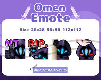 May include: Four different versions of an Omen emote, a character from the video game Valorant. The emotes are in different sizes: 28x28, 56x56, 112x112, and 1000x1000. The emotes feature the character in different poses, with different text bubbles. The text bubbles say "NT", "RIP", and "Free!"