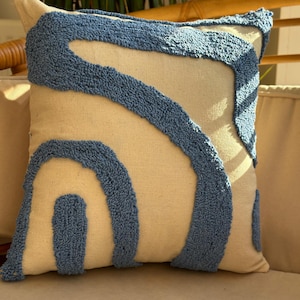 Handmade Blue Punch Needle Embroidered Pillow Cover Unique Decorative Cushion Cozy Handcrafted Elegant Home Decor Artisan Design Pillowcase