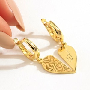 Personalized Gold Earrings with Fingerprint on One Side & Custom Name on the Other -14 k Gold