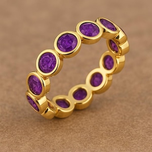 14K Gold Amethyst Eternity Ring – Round-Cut Purple Gemstone Full Eternity Band