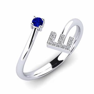 Anillo con inicial personalizado con diamante y zafiro azul: anillo con letra personalizada, regalo para mujer, joyería fina minimalista, diamante natural.