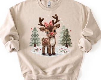 Viral Yarn Reindeer Scene Top Printed Women's Faux Embroidery Sewn Look Crew Cute Girl Bow Short Sleeve Top- Winter Merry Christmas Ho Ho Ho