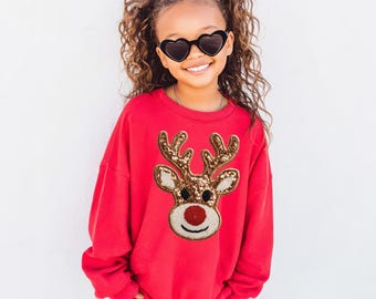 Faux Sequin Reindeer- Girls Printed Christmas Tee or Sweatshirt Crew