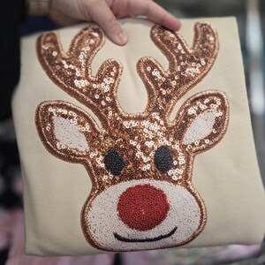 Red Nose Reindeer Sweatshirt- Faux Sequin Embroidery Christmas Crew- Printed Women's Sparkle Preppy Tee- Merry Christmas Characters Top image 5