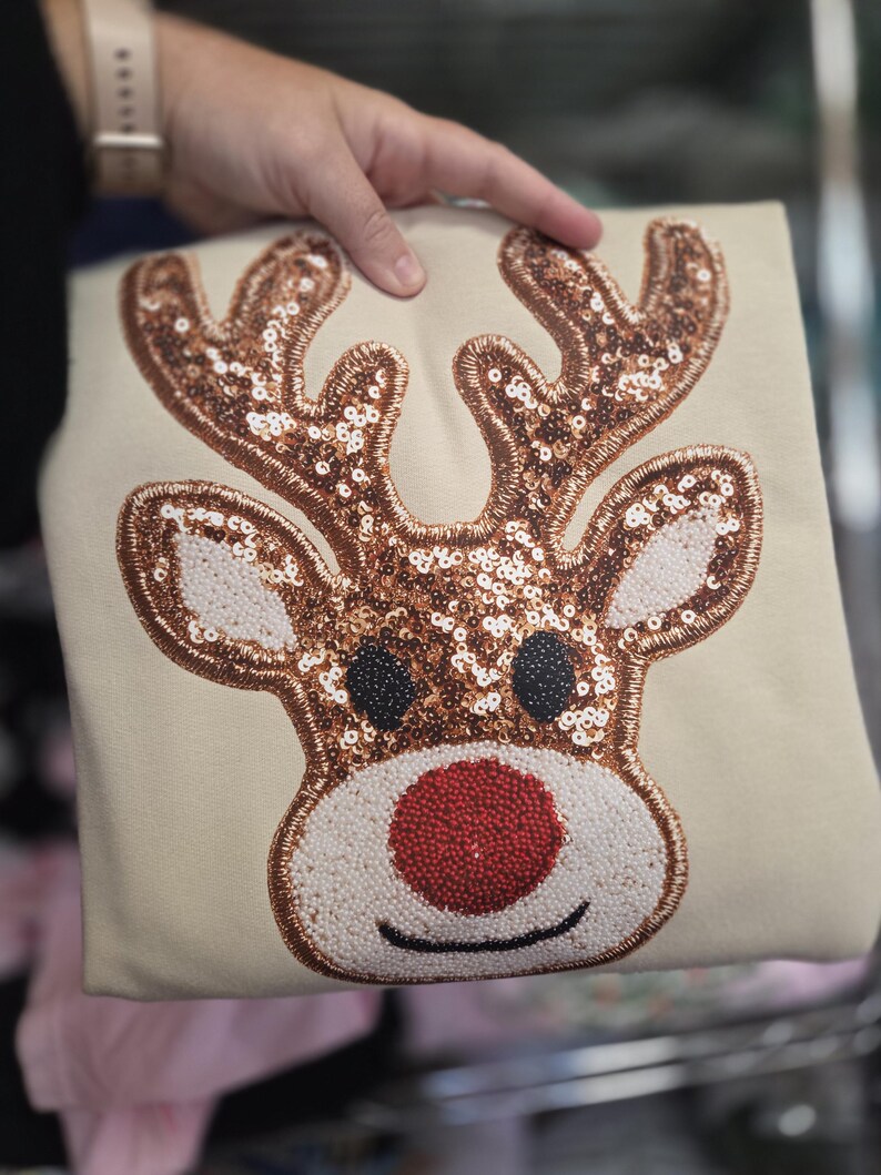 Red Nose Reindeer Sweatshirt- Faux Sequin Embroidery Christmas Crew- Printed Women's Sparkle Preppy Tee- Merry Christmas Characters Top image 5