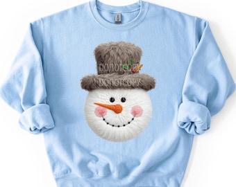 Viral Fur Snowman- Vintage Winter Faux Yarn Crew- Frosty Printed Sweatshirt- Women's Preppy Short Sleeve Holiday Top-