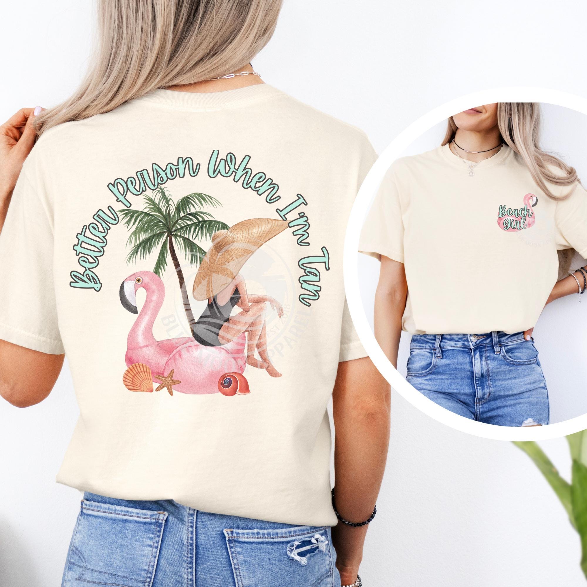 Better Person When I'm Tan- Vintage Vacation Flamingo Beach Palm Tree Printed Graphic Snarky Bun- Summer Days-Pocket Back Comfort Colors Tee