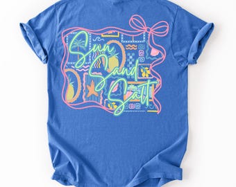 Sun Sand Salt- Neon Summer Ocean Printed Tee Coquette Frame Stamp Beach Life Coastal Graphic Shirt Boutique Women&#39;s Pocket Back Preppy Top