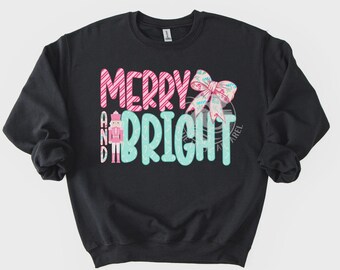 Merry Bright Whimsical Nutcracker- Printed Women's Sweatshirt Crew or Short Sleeve Tee- Preppy Alpha Pattern Trendy Christmas Top