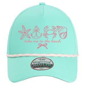 May include: A light turquoise baseball cap with a white and pink rope brim. The cap features pink illustrations of a starfish, anchor, crab, and seashell, with the text "take me to the beach". A small patch reads "Imperial Small Fit UPF 50+".